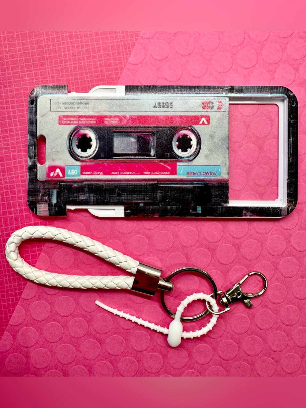 New Retro 80s 90s Style Cassette Tape ID Card Holder & Woven Keychain Handle - Picture 4 of 7